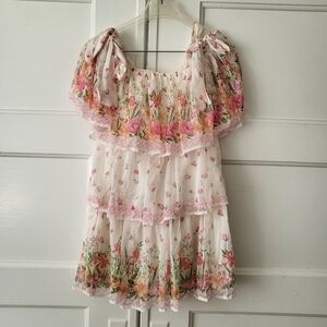 LoveColette Tiered Floral Chiffon Cottagecore Prairie Mini Dress Small